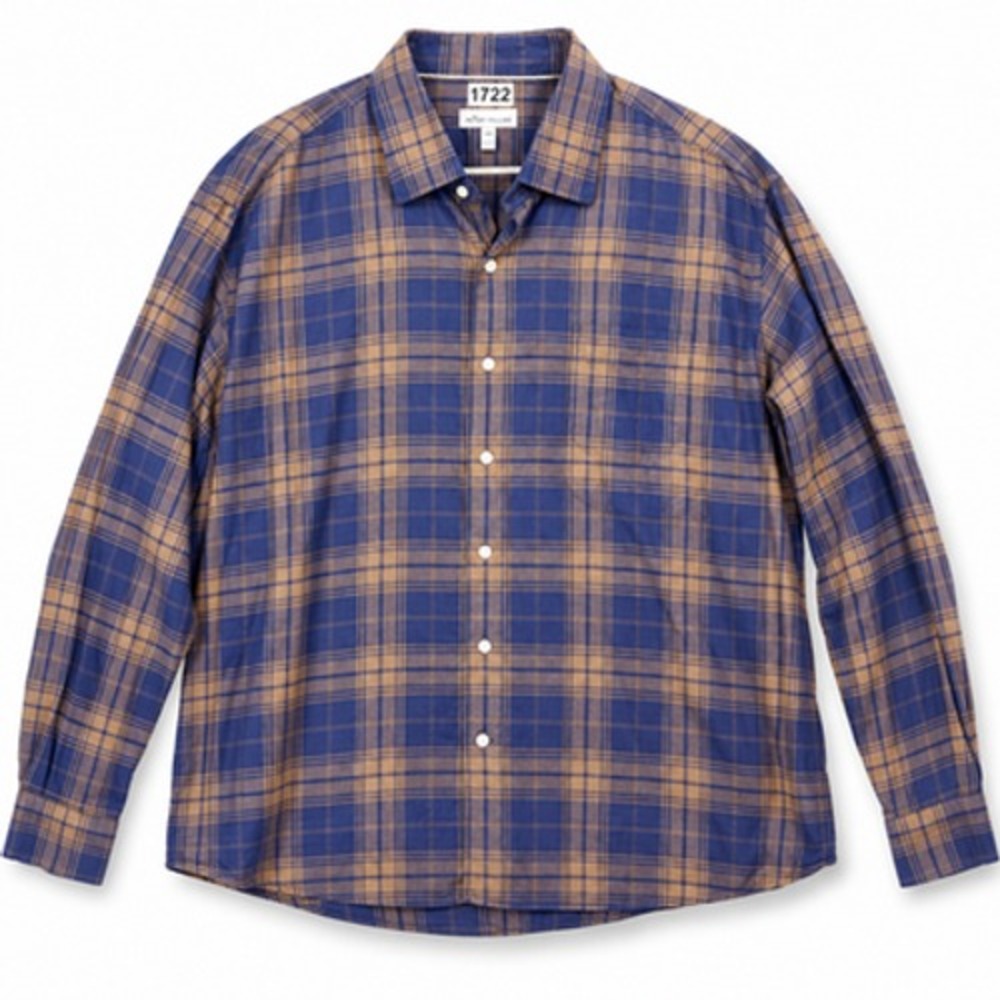 Peter Millar Men's 2XL Navy Blue Tan Plaid Cotton Long Sleeve Button Up Shirt